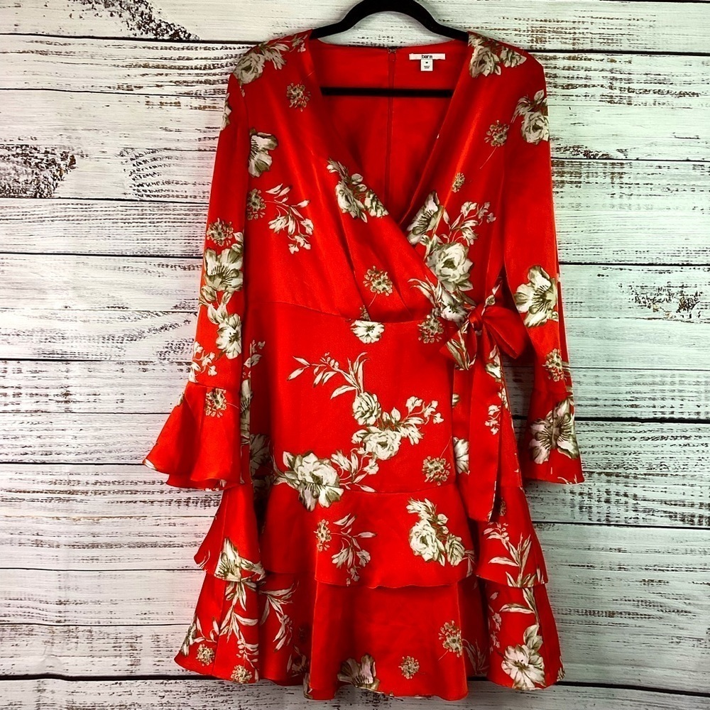 Bar III Red Floral Wrap Midi Dress